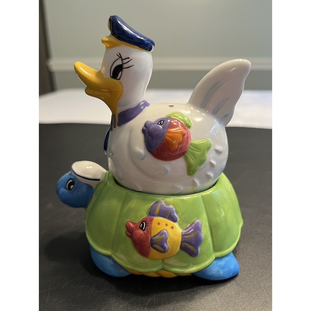 Whimsical Ceramic Duck Riding On Turtle’s Back Salt & Pepper Shakers
